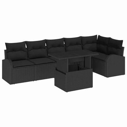 Garten-Sofa-Set mit Kissen mit Kissen 7 pcs Schwarz Poly Rattan