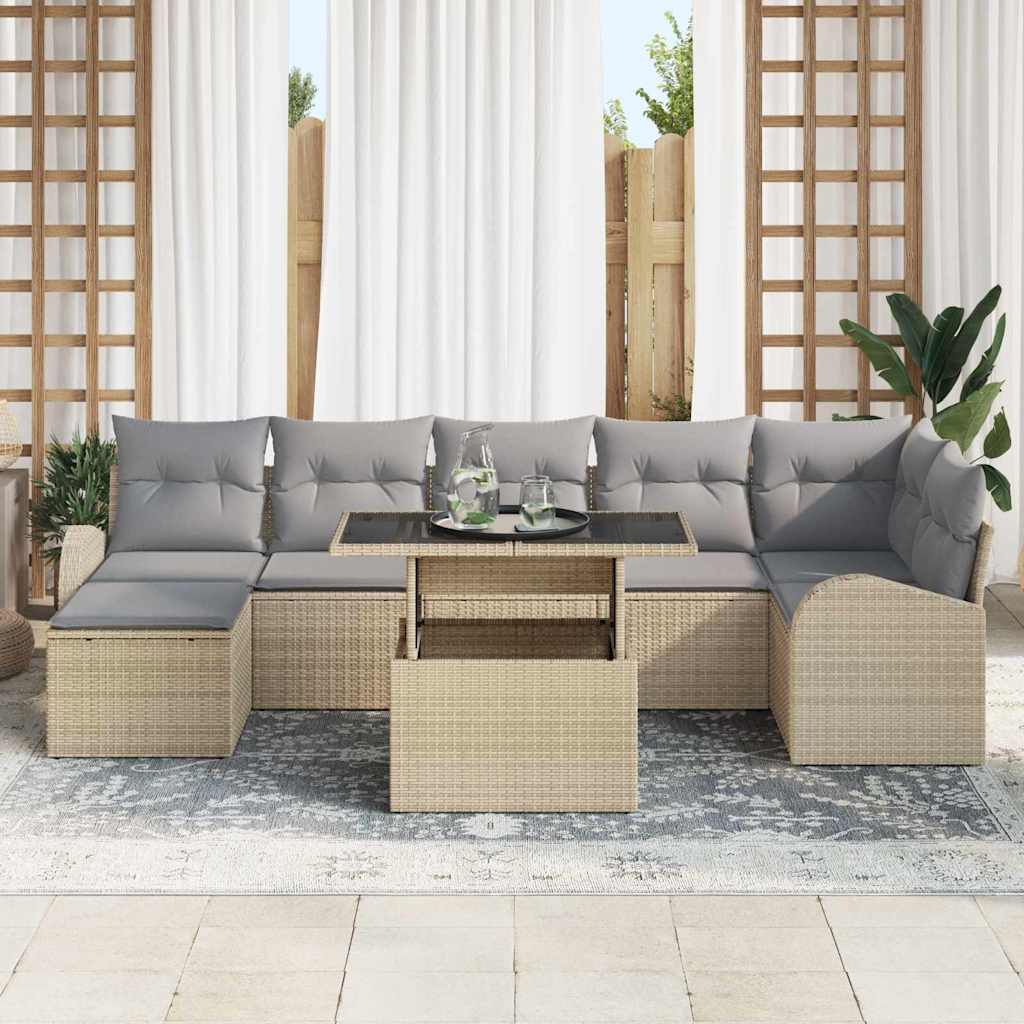 Gartensofa-set mit Kissen mit Speicher 8 pcs Beige Poly Rattan