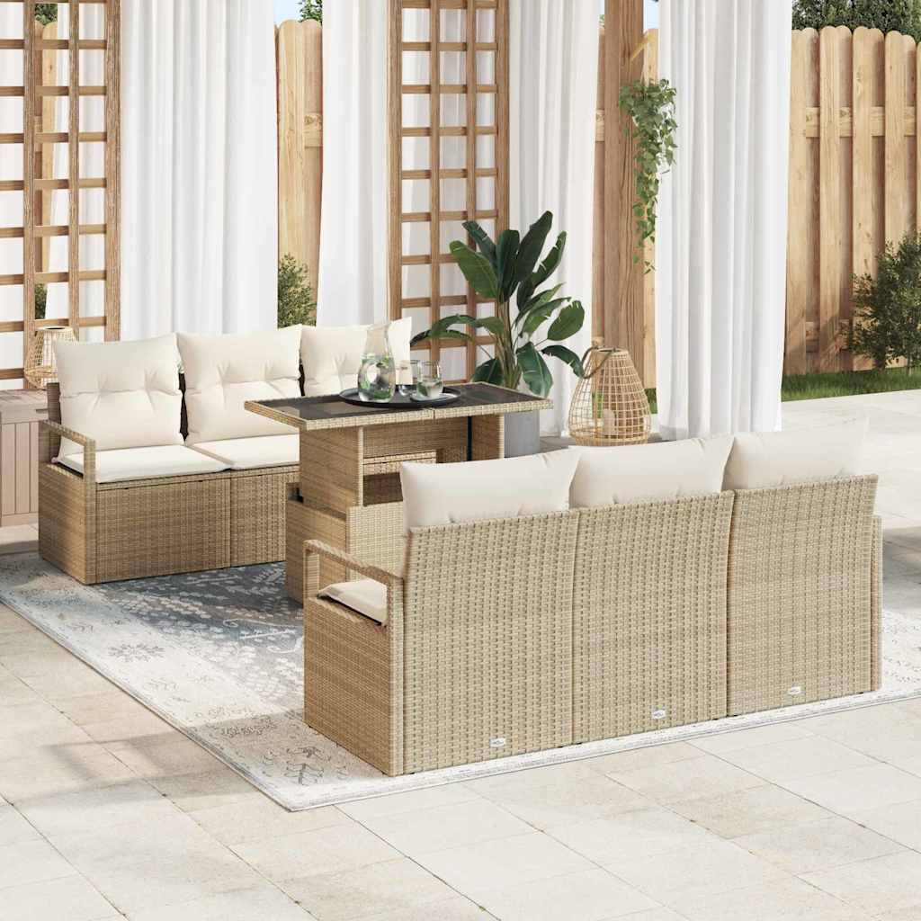 Gartensofa-set mit Kissen mit Speicher 7 pcs Beige Poly Rattan