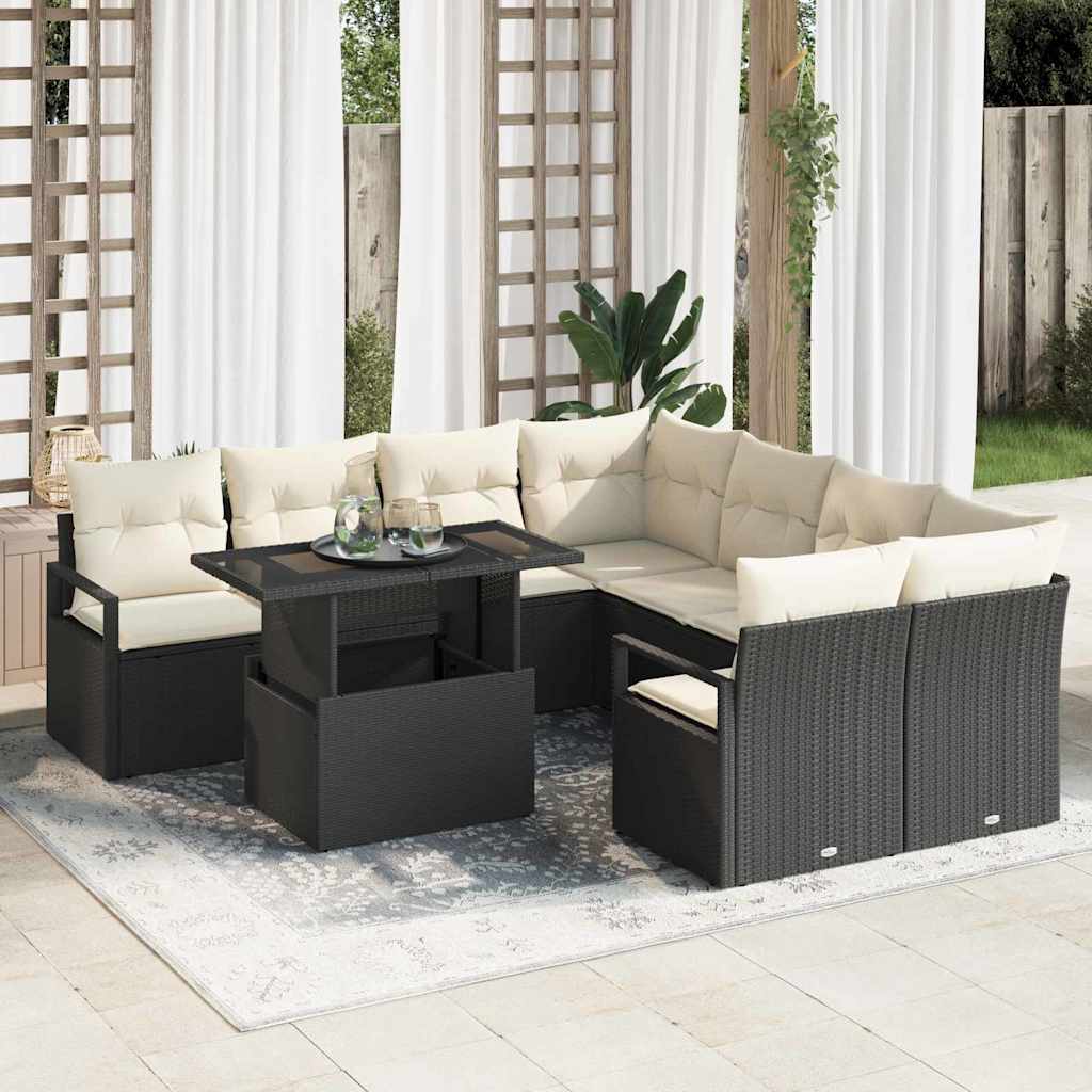 Gartensofa-set mit Kissen 9 pcs Schwarz Poly Rattan