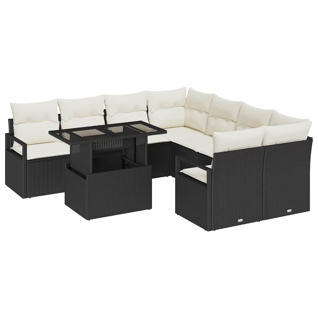 Gartensofa-set mit Kissen 9 pcs Schwarz Poly Rattan