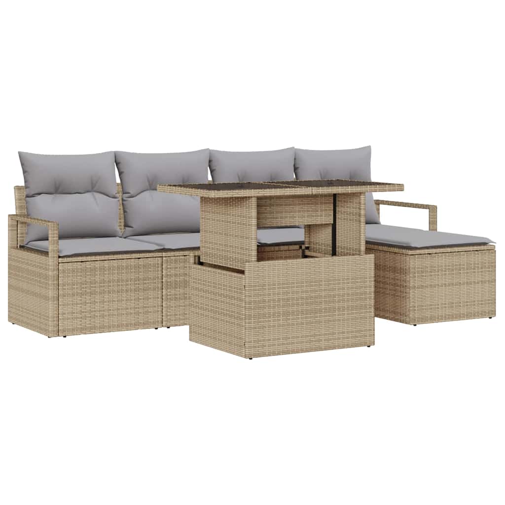 Garten-Sofa-Set mit Speicher 6 pcs Beige Poly Rattan
