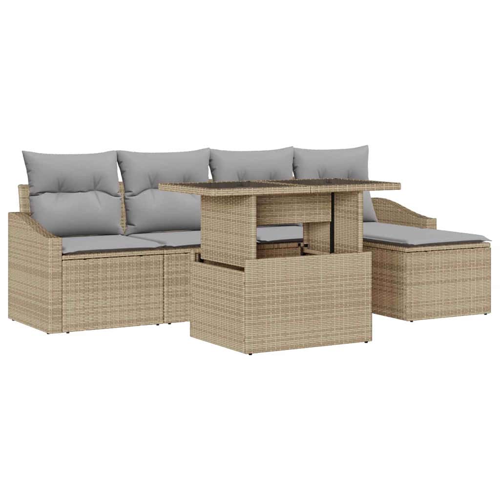 Garten-Sofa-Set mit Kissen 6 pcs Beige und Hellgrau Poly-Rattan