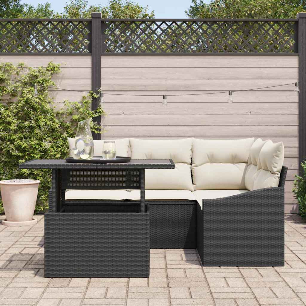 Garten-Sofa-Set mit Kissen mit Speicher 5 pcs Schwarz und Creme