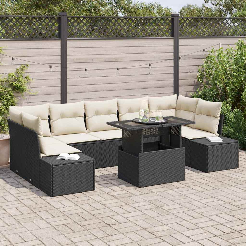 Garten-Sofa-Set mit Kissen 8 pcs Schwarz und Creme