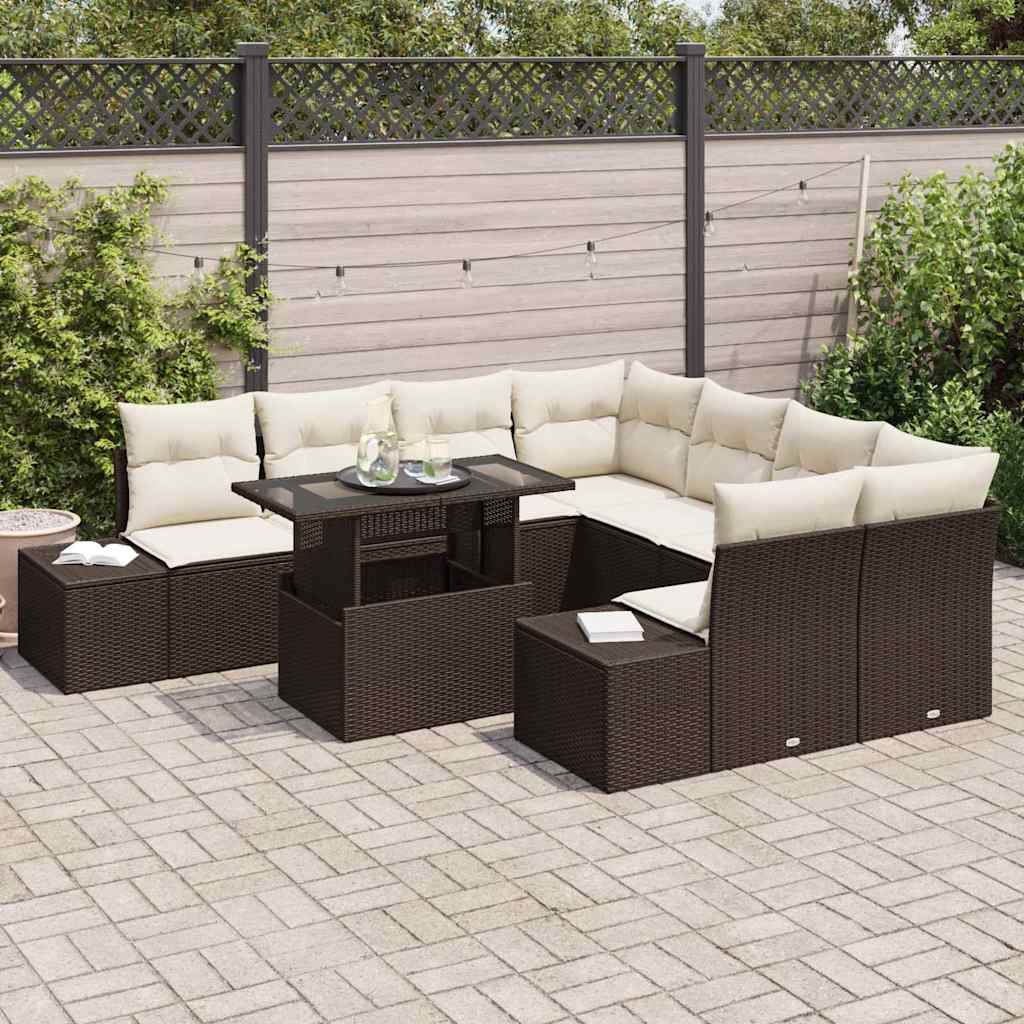 Garten-Sofa-Set mit Kissen mit Speicher 9 pcs Braun und Creme