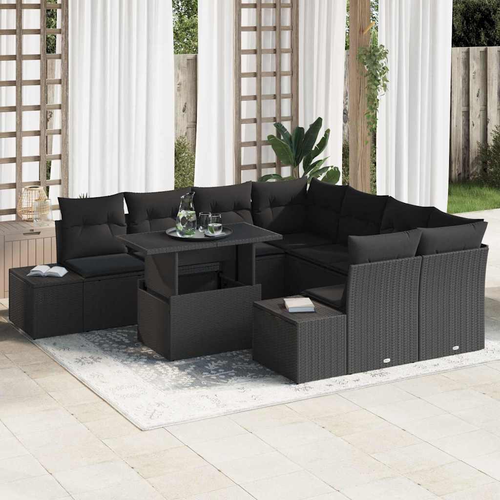 Garten-Sofa-Set mit Kissen mit Speicher 9 pcs Schwarz