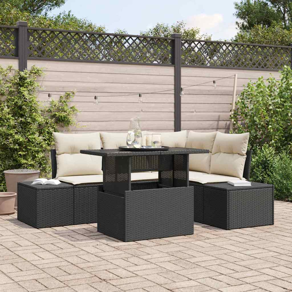 Gartensofa-set mit Kissen 5 pcs Schwarz Poly-Rattan