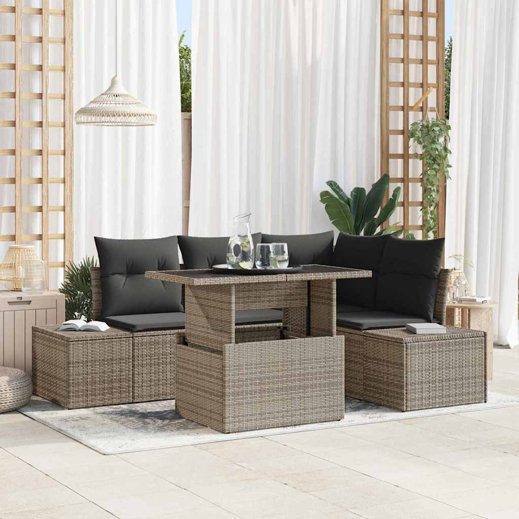 Gartensofa-set mit Kissen mit Speicher 5 pcs Grau Poly-Rattan