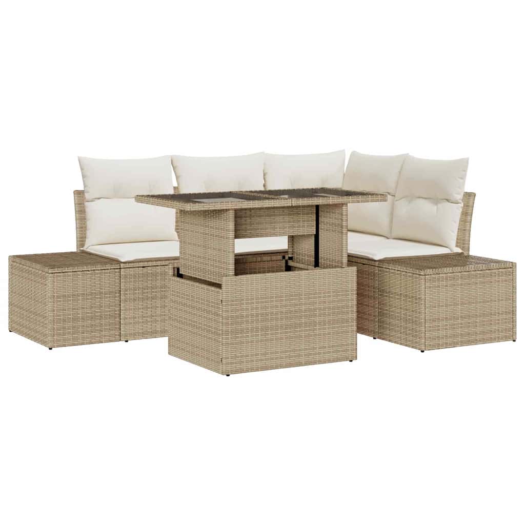 Gartensofa-set mit Kissen mit Speicher 5 pcs Beige Poly-Rattan