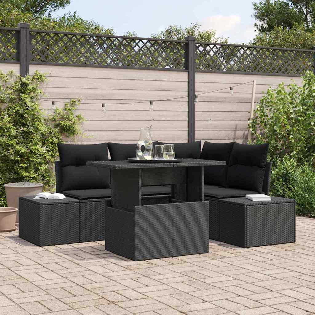 Gartensofa-set mit Kissen 5 pcs Schwarz Poly-Rattan