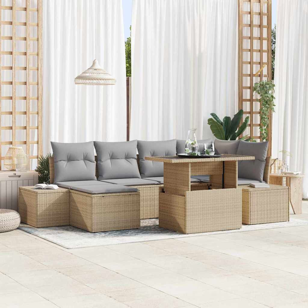 Garten-Sofa-Set mit Speicher 7 pcs Beige Poly Rattan