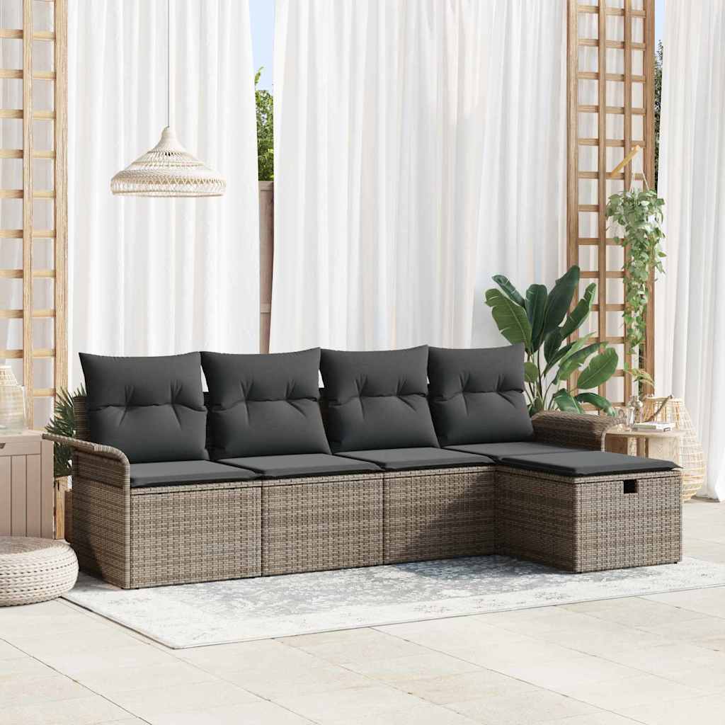 Gartensofa-set mit Kissen mit Speicher 5 pcs Grau Poly-Rattan