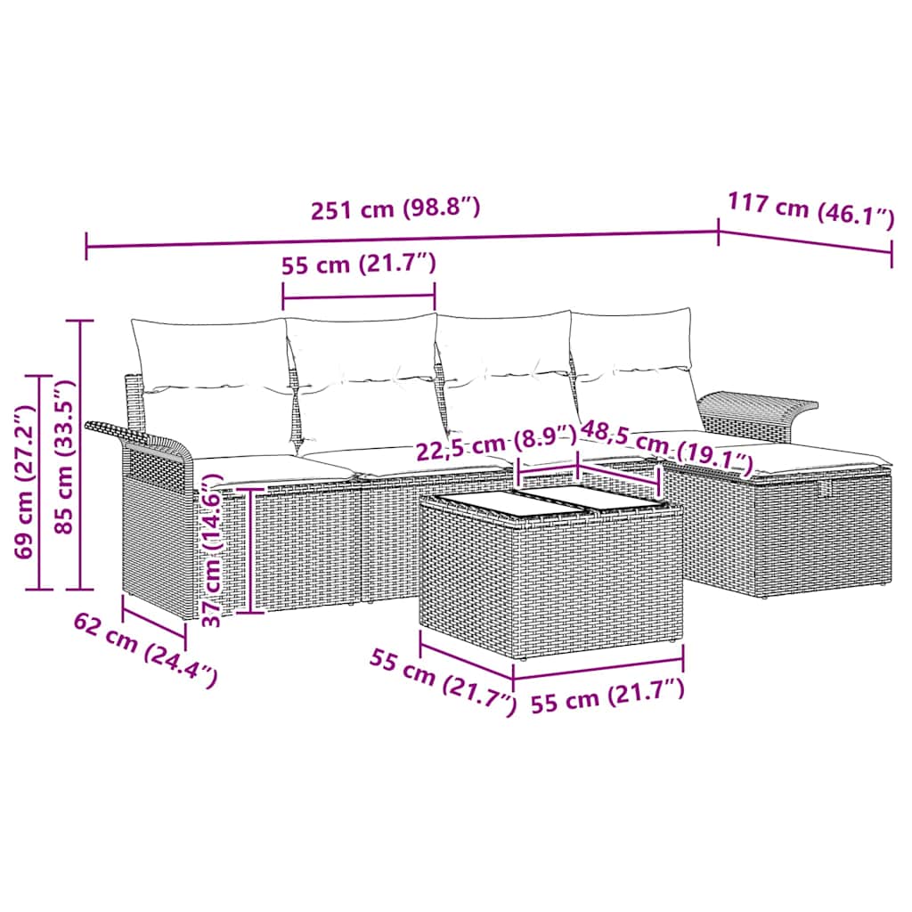Gartensofa-set mit Kissen mit Speicher 6 pcs Grau Poly-Rattan