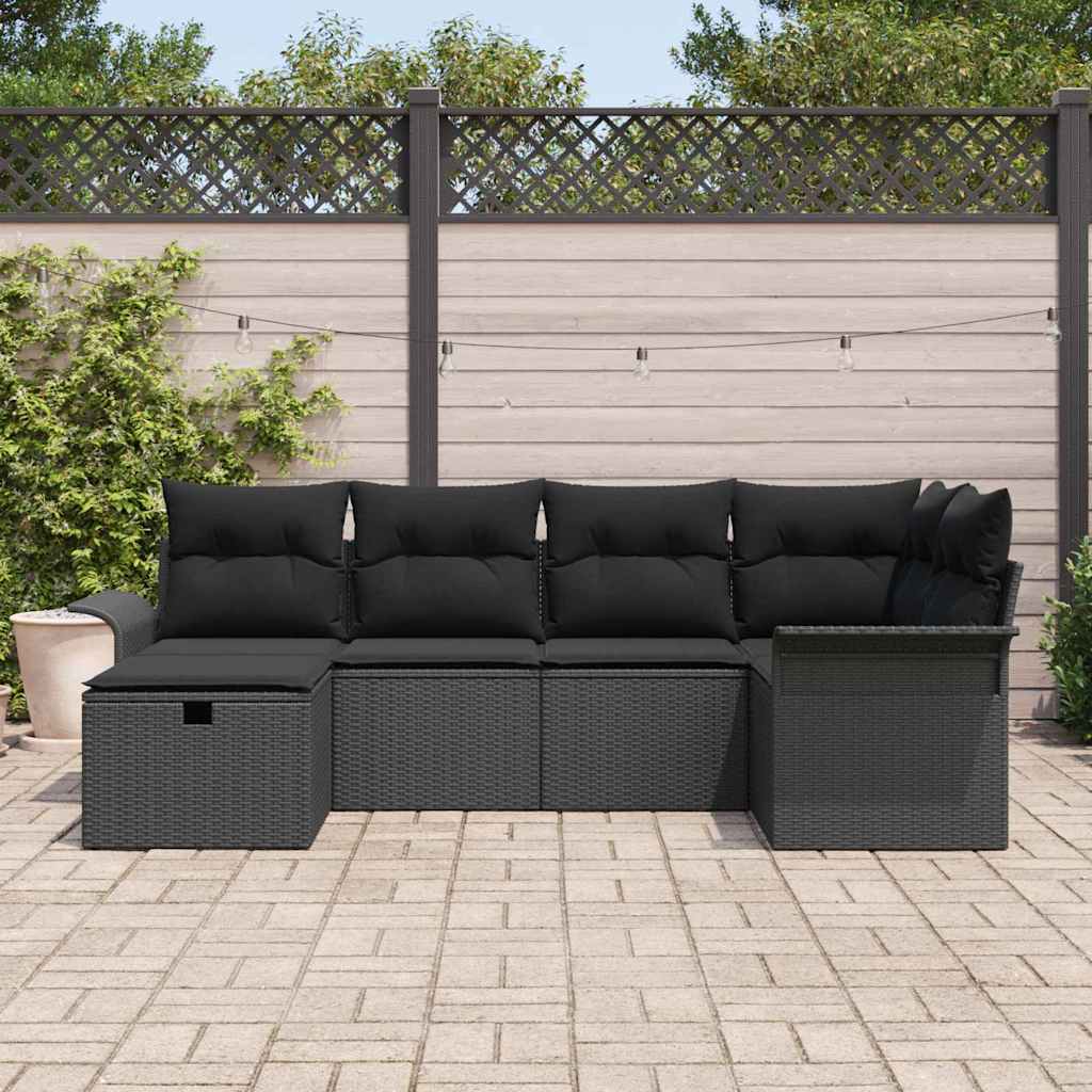 Gartensofa-set mit Kissen 6 pcs Schwarz Poly-Rattan