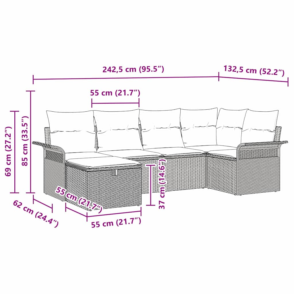 Gartensofa-set mit Kissen 6 pcs Schwarz Poly-Rattan
