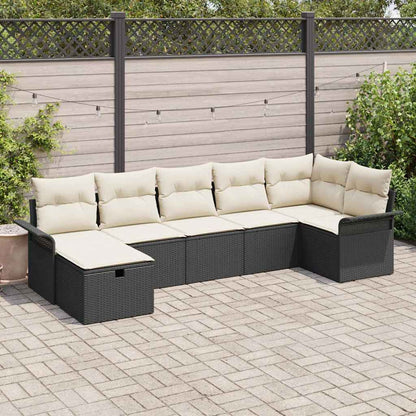 Gartensofa-set mit Kissen 7 pcs Schwarz und Creme Poly-Rattan