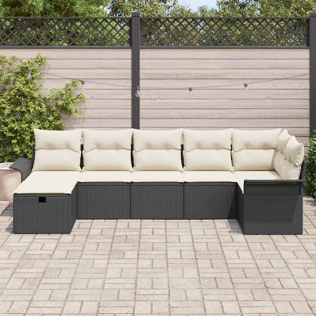 Gartensofa-set mit Kissen 7 pcs Schwarz und Creme Poly-Rattan