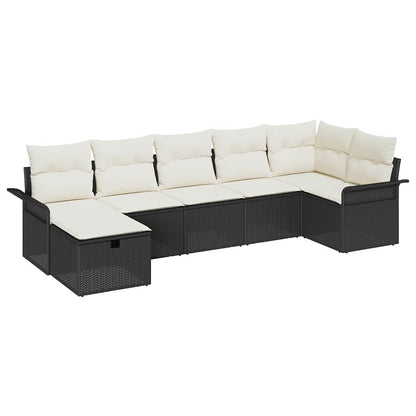 Gartensofa-set mit Kissen 7 pcs Schwarz und Creme Poly-Rattan