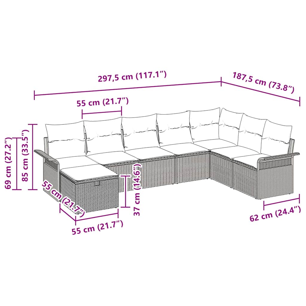 Gartensofa-set mit Kissen 8 pcs Beige und Creme Poly-Rattan