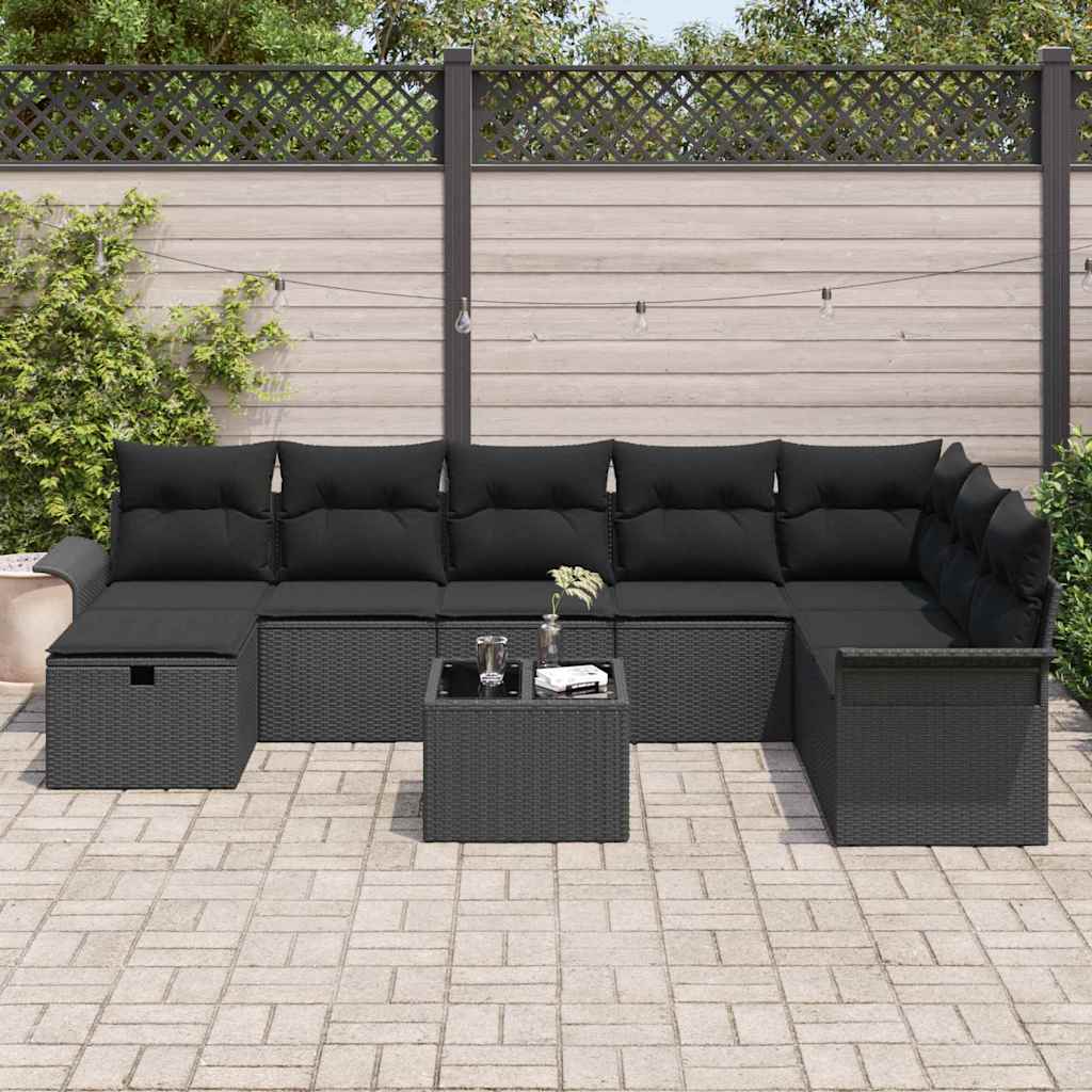 Gartensofa-set mit Kissen 9 pcs Schwarz Poly-Rattan