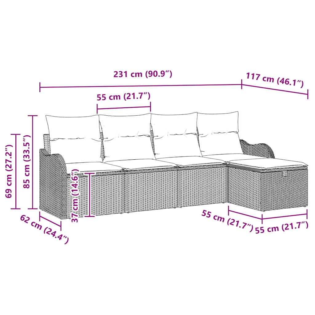 Garten-Sofa-Set mit Kissen 5 pcs Hellgrau Poly Rattan