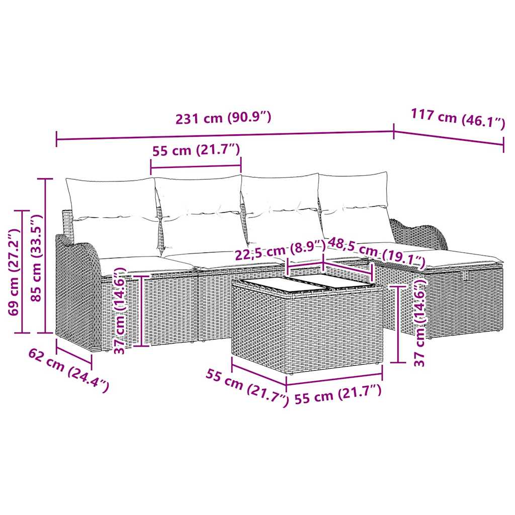 Gartensofa-set mit Kissen mit Speicher 6 pcs Grau Poly-Rattan