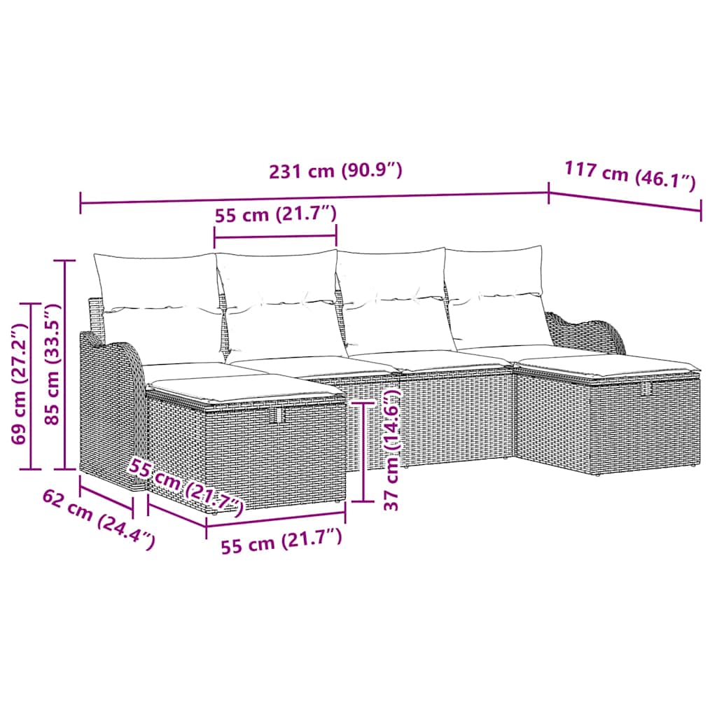Sofa Set mit Kissen mit Speicher 6 pcs Hellgrau Poly-Rattan