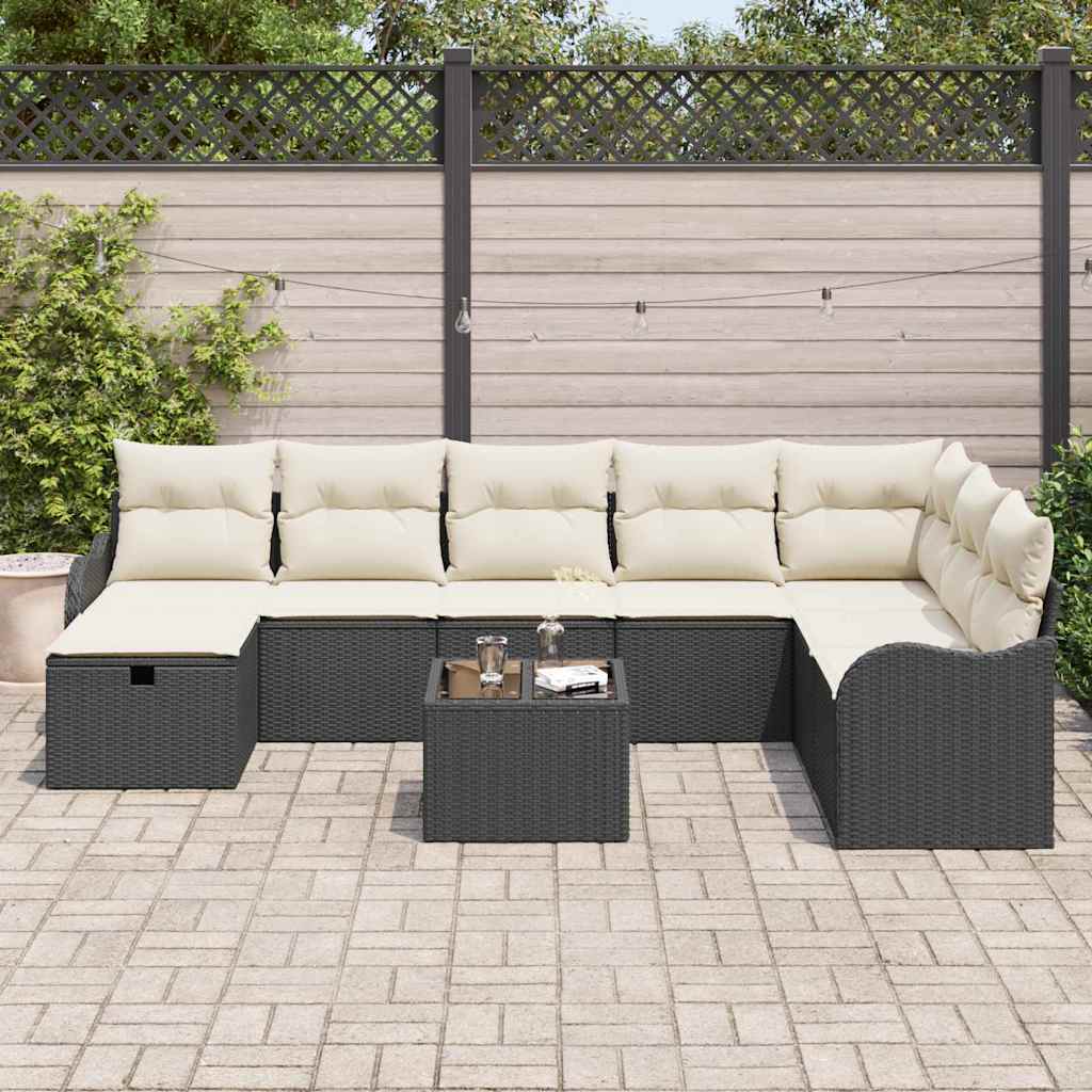 Sofa Set mit Kissen 9 pcs Schwarz und Creme Poly-Rattan
