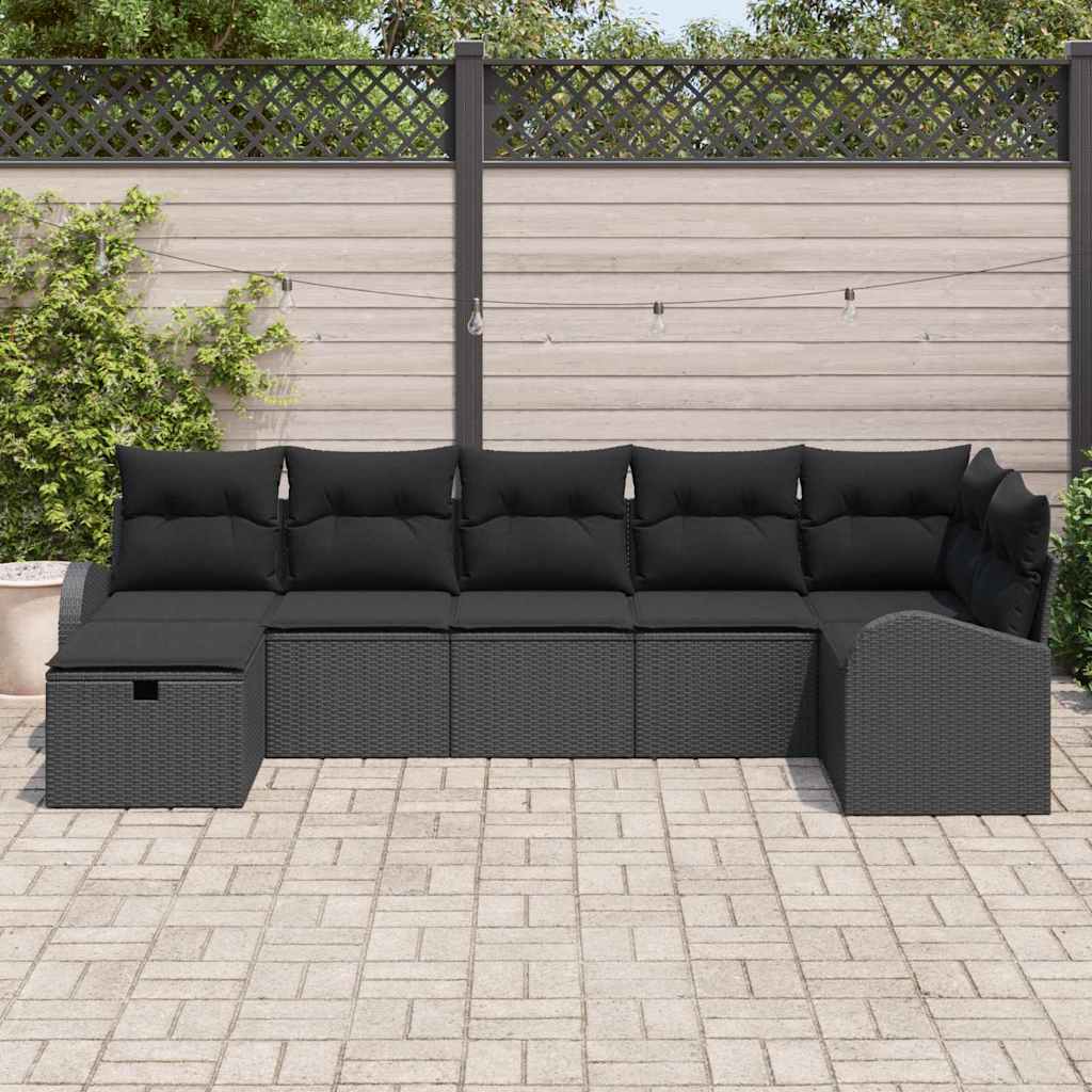 Sofa Set mit Kissen mit Speicher 7 pcs Schwarz Poly-Rattan