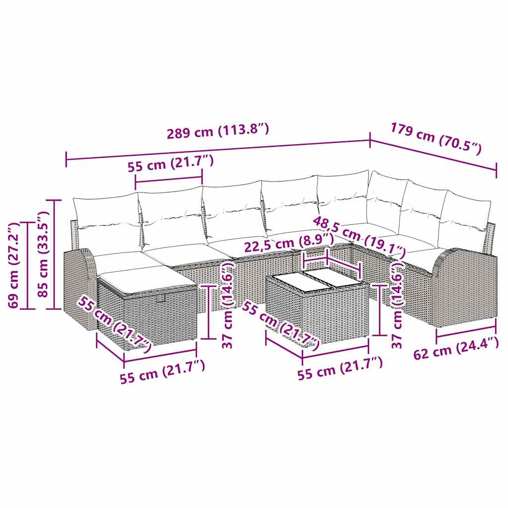 Sofa Set mit Kissen 9 pcs Schwarz und Creme Poly-Rattan