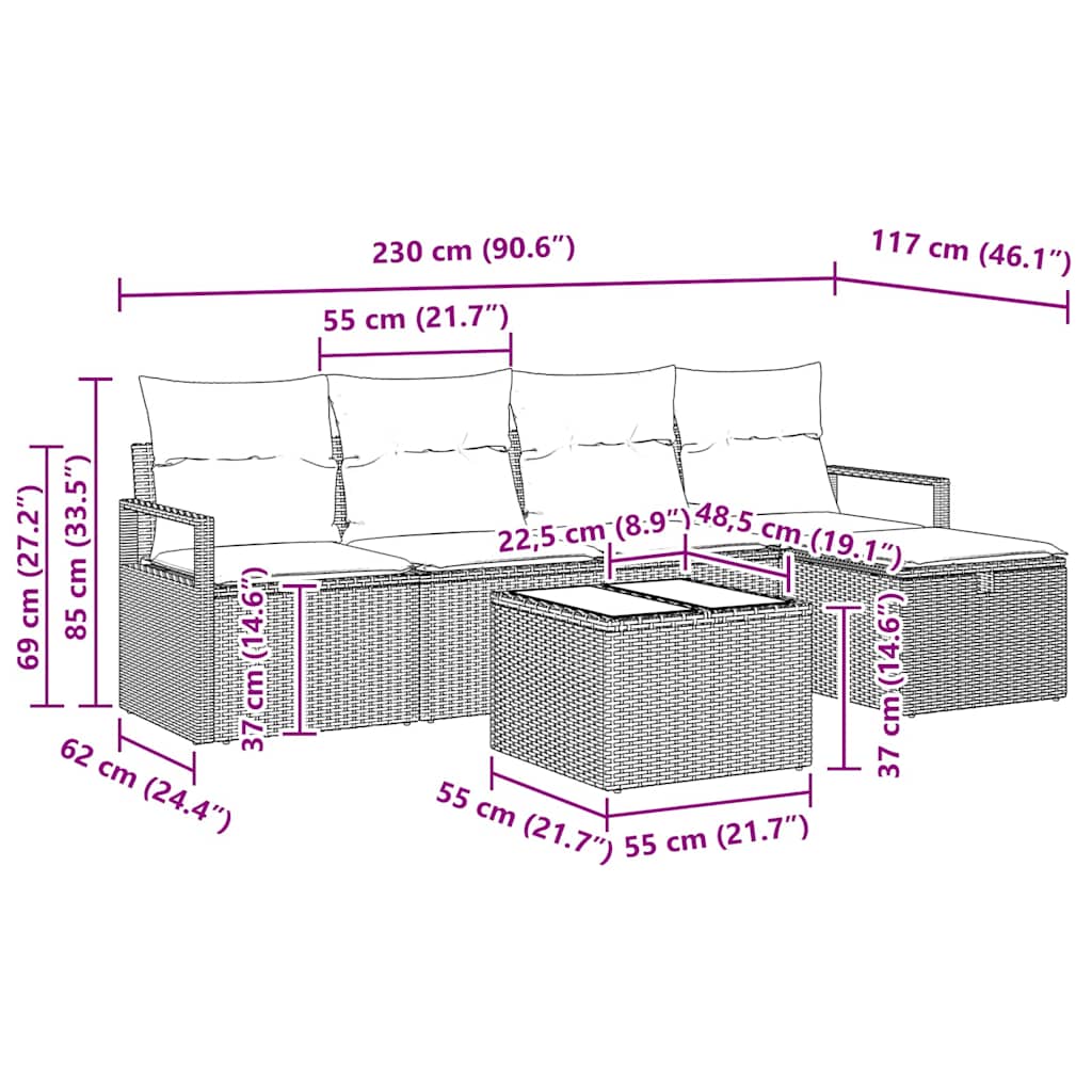 Sofa Set mit Kissen 6 pcs Braun und Creme Poly-Rattan