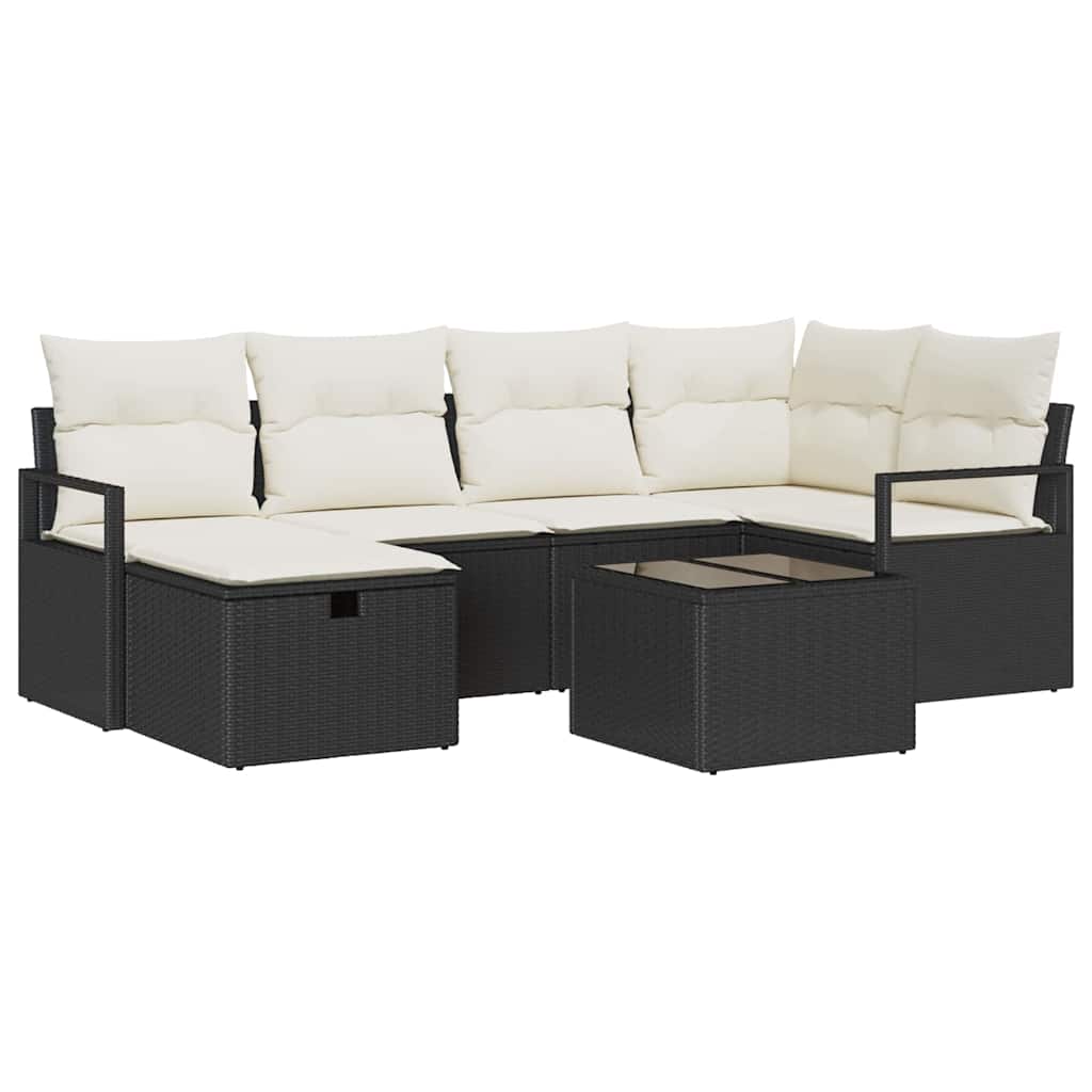 Sofa Set mit Kissen 7 pcs Schwarz und Creme Poly-Rattan