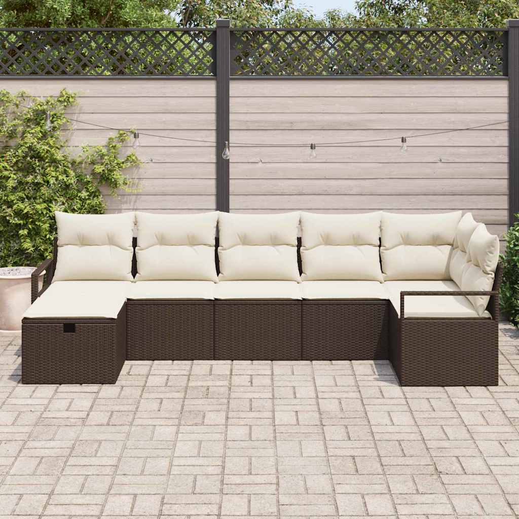 Sofa Set mit Kissen 7 pcs Braun und Creme Poly-Rattan