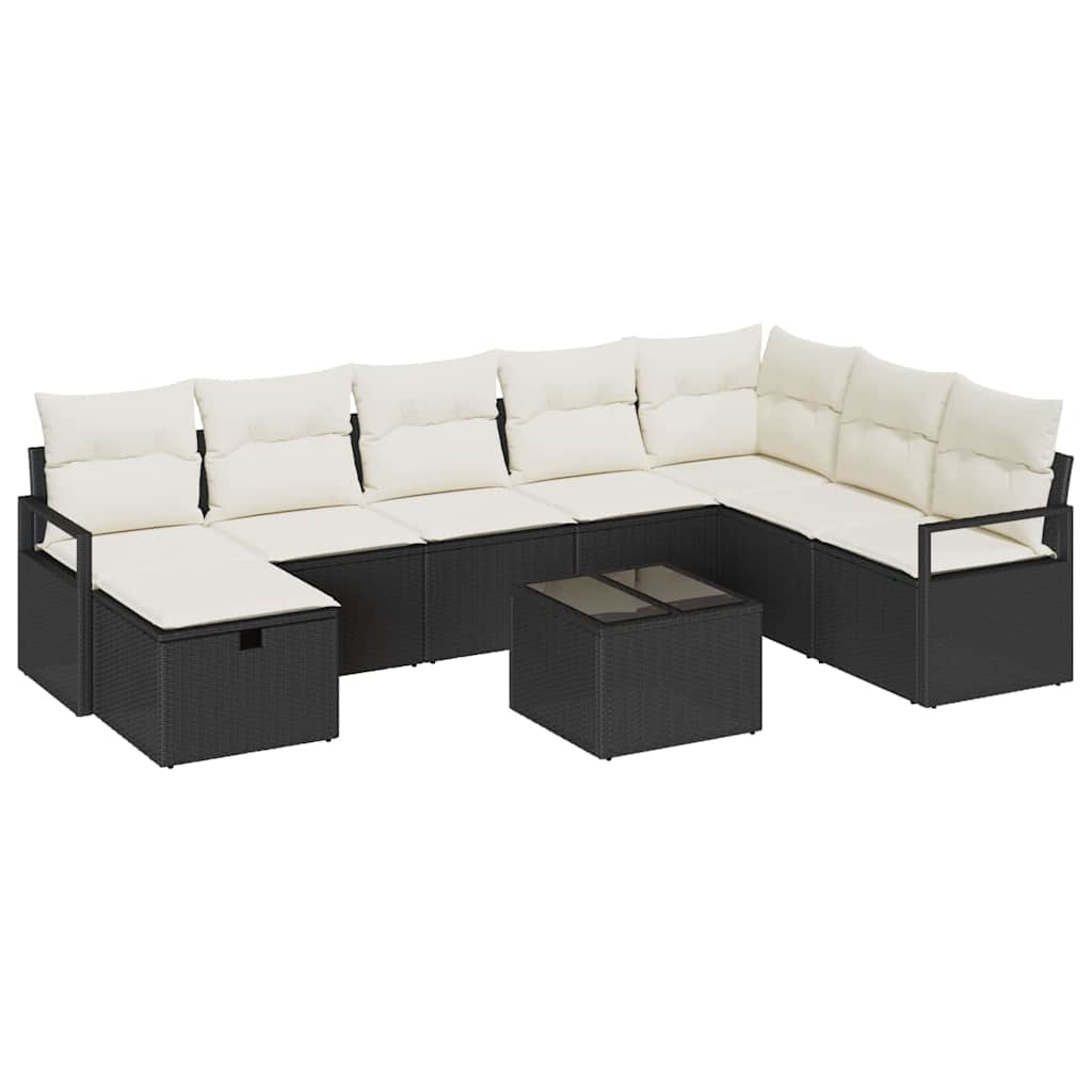 Sofa Set mit Kissen 9 pcs Schwarz und Creme Poly-Rattan