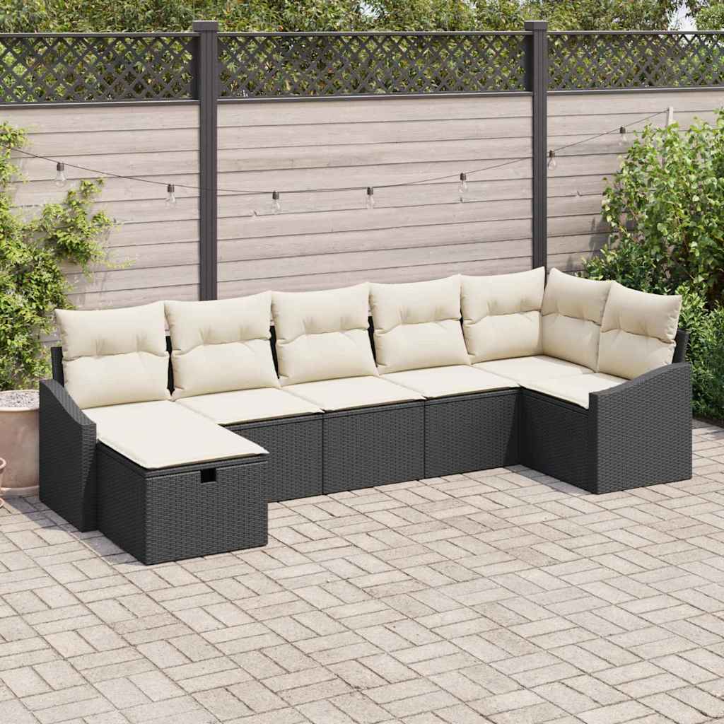 Sofa Set mit Kissen mit Speicher 7 pcs Schwarz Poly-Rattan