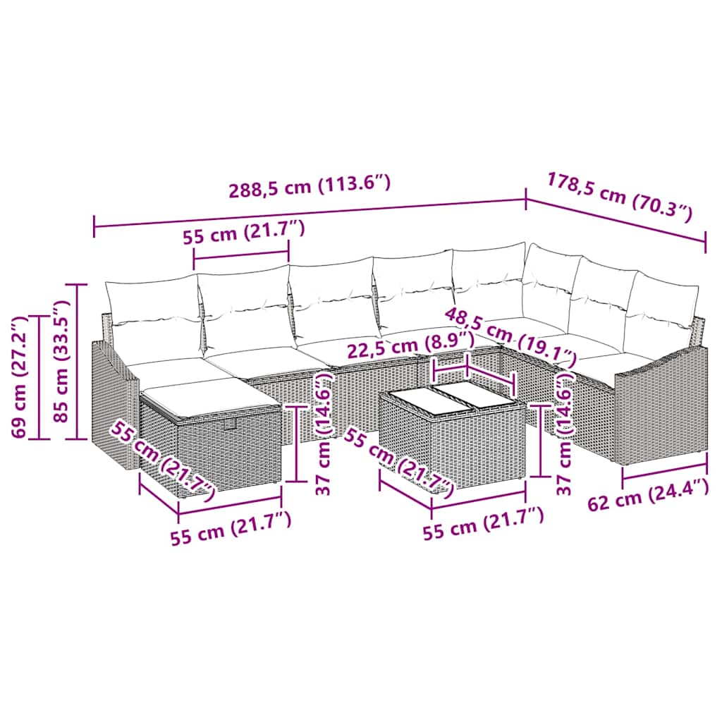 Gartensofa-set mit Kissen mit Speicher 9 pcs Poly-Rattan