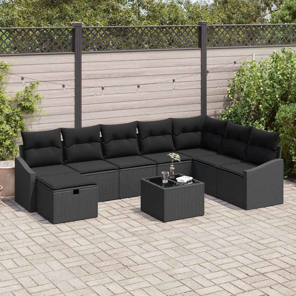 Garten-Sofa-Set mit Kissen 9 pcs Schwarz Poly Rattan