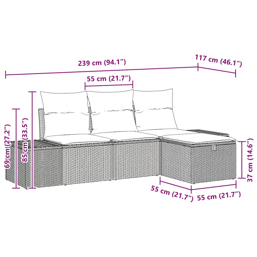 Garten-Sofa-Set mit Kissen 4 pcs Schwarz Poly Rattan