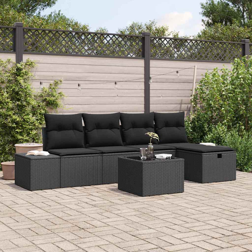 Gartensofa-set mit Kissen 6 pcs Schwarz Poly-Rattan