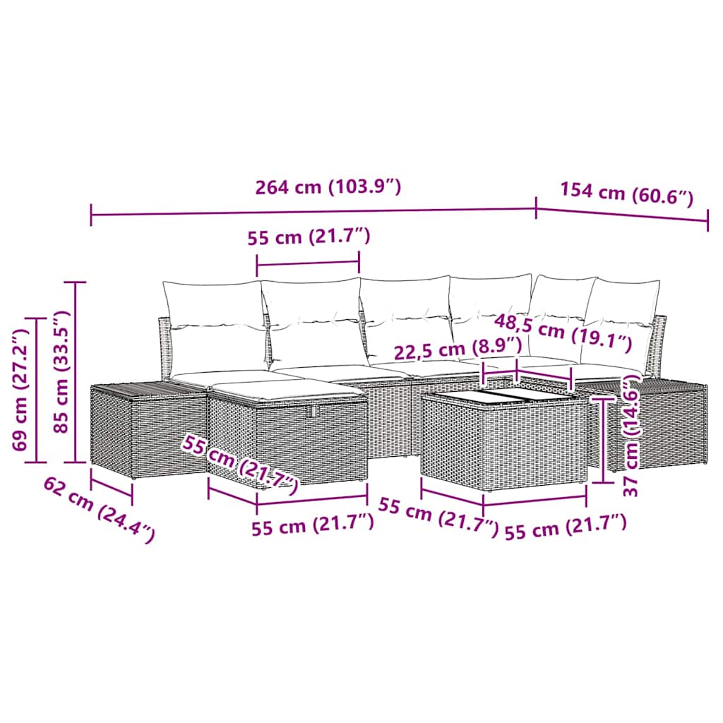 Gartensofa-set mit Kissen 7 pcs Hellgrau Poly-Rattan
