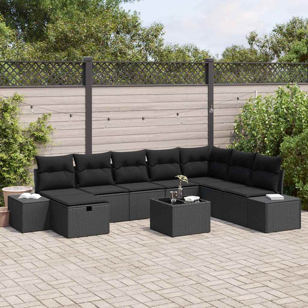 Gartensofa-set mit Kissen 9 pcs Schwarz Poly-Rattan