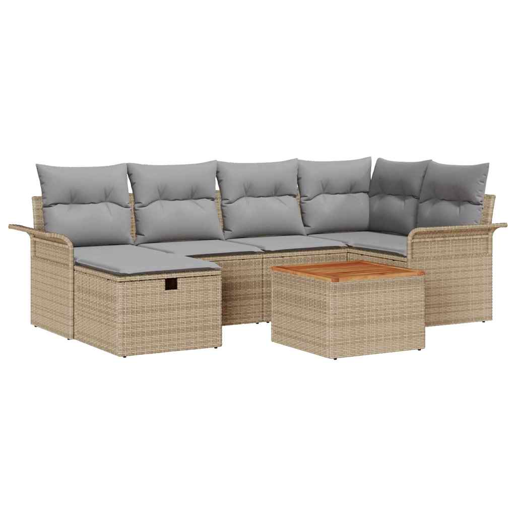 Gartensofa-set mit Kissen mit Speicher 7 pcs Beige Poly-Rattan