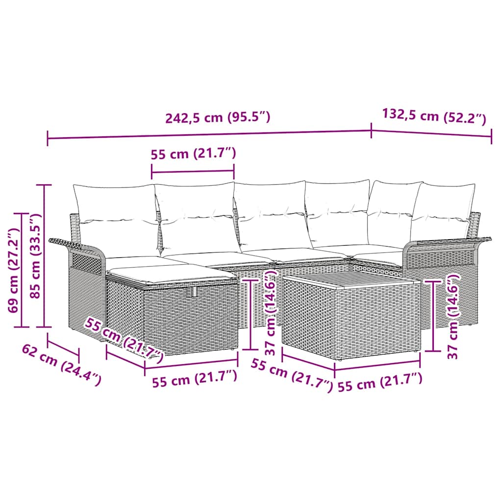Gartensofa-set mit Kissen mit Speicher 7 pcs Beige Poly-Rattan