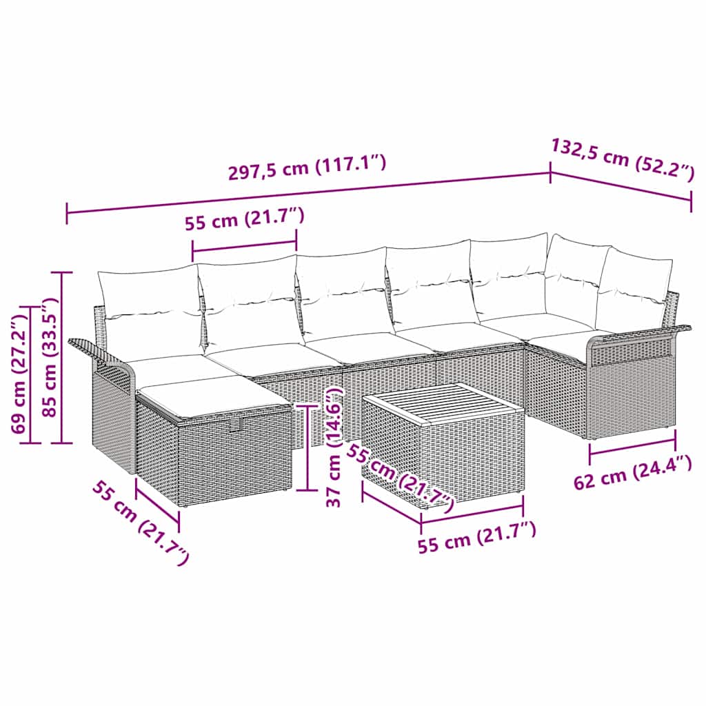 Gartensofa-set mit Kissen mit Speicher 8 pcs Grau Poly-Rattan