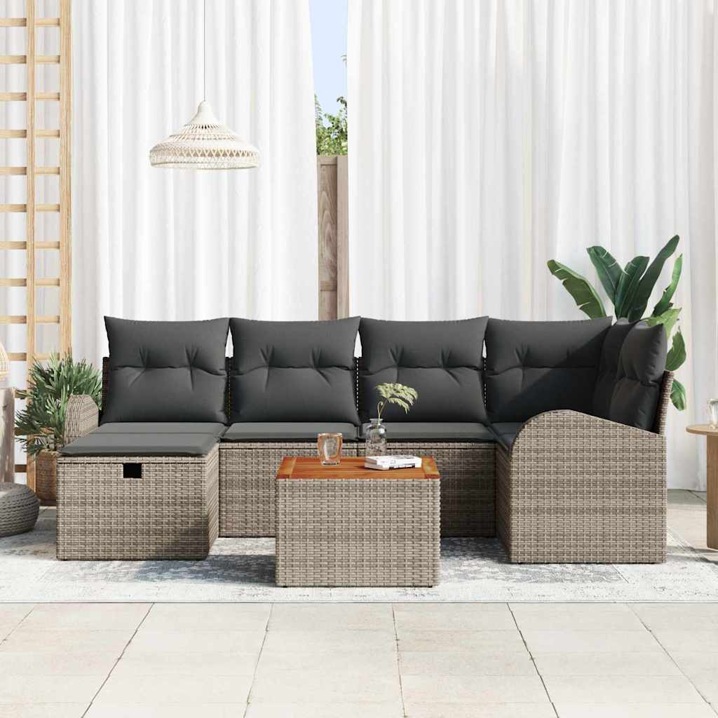Gartensofa-set mit Kissen mit Speicher 7 pcs Grau Poly-Rattan