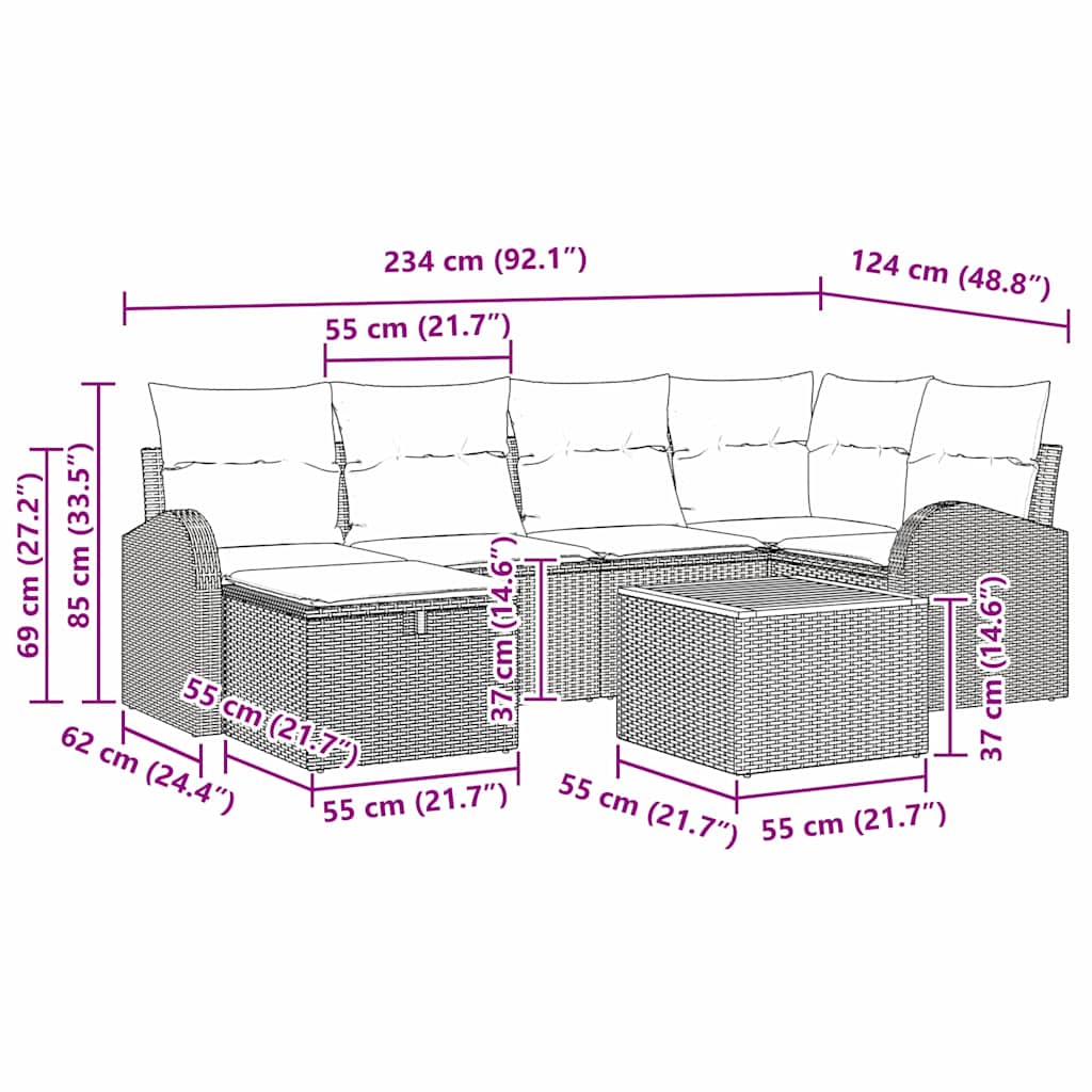 Gartensofa-set mit Kissen mit Speicher 7 pcs Grau Poly-Rattan