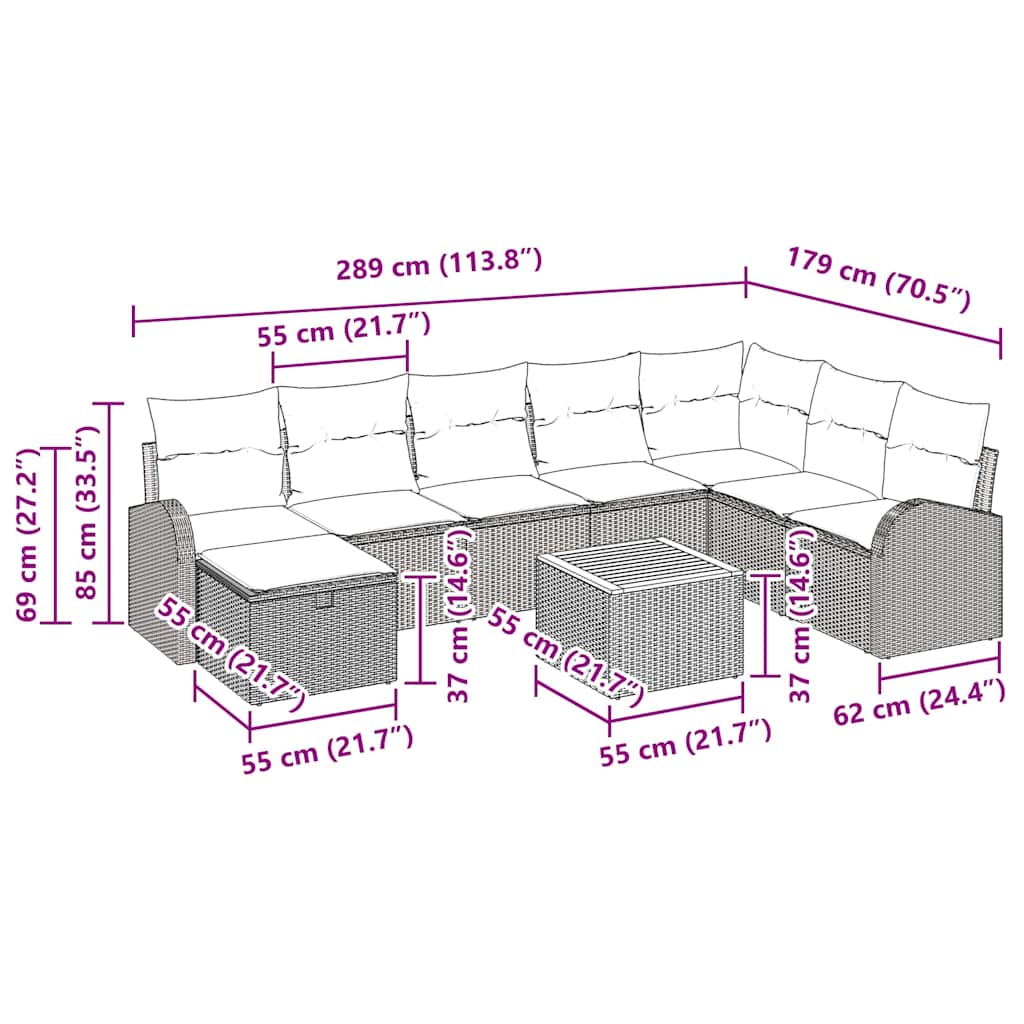 Gartensofa-set mit Kissen mit Speicher 9 pcs Beige Poly-Rattan