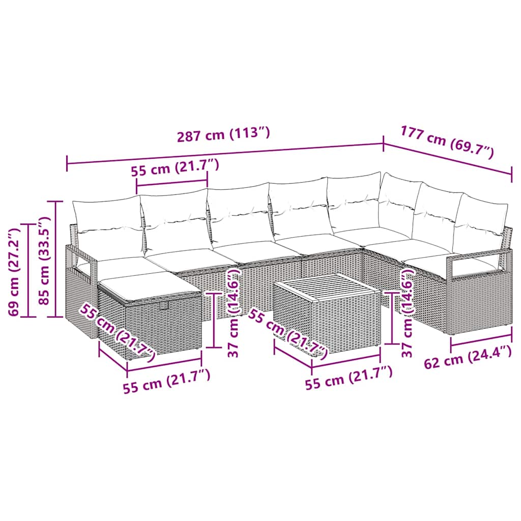 Gartensofa-set mit Kissen mit Speicher 9 pcs Grau Poly-Rattan