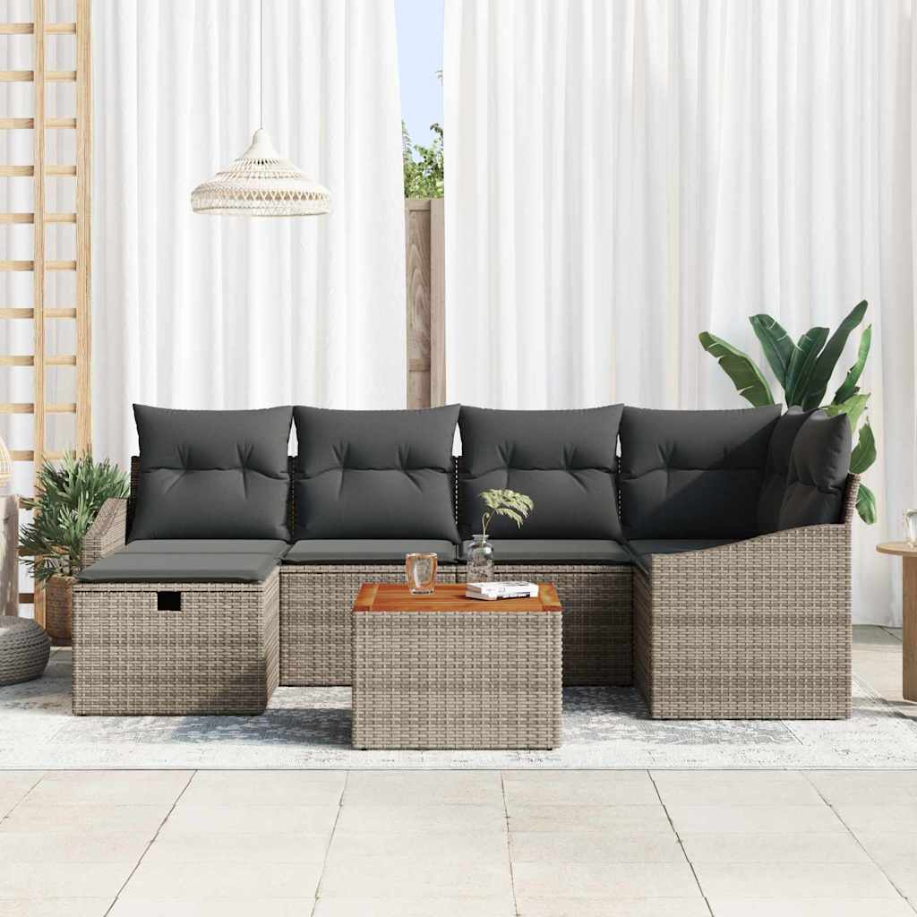 Gartensofa-set mit Kissen mit Speicher 7 pcs Grau Poly-Rattan